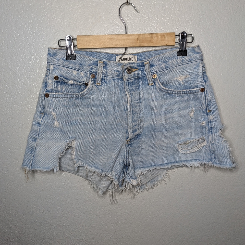 AGOLDE Womens Light Blue Parker Denim Festival Summer Frayed Cuttoff Shorts 26